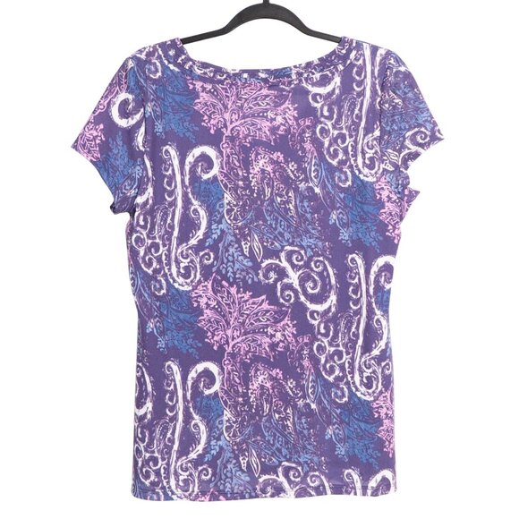 Villager Paisley Shirt Womens L NEW VNeck Purple Short Sleeve Mesh Layer Ruffle - Picture 5 of 5